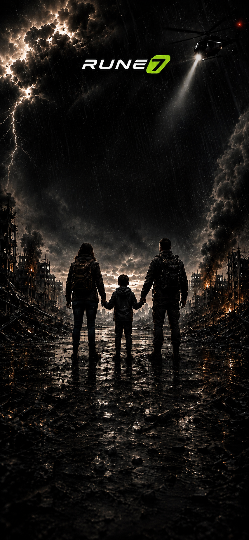 A family holding hands facing a rain-soaked ruined city under lightning and a rescue helicopter searchlight
